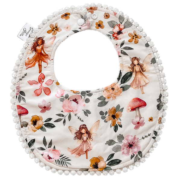 Fairy Garden bib showing absorbent microfiber backing, ideal for keeping babies dry and comfortable during feeding.