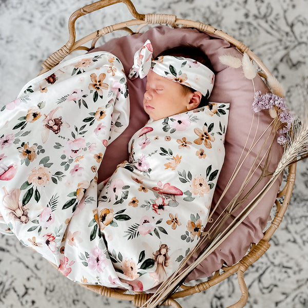 Fairy Garden Jersey Swaddle Stretch Wrap & Top Knot Set