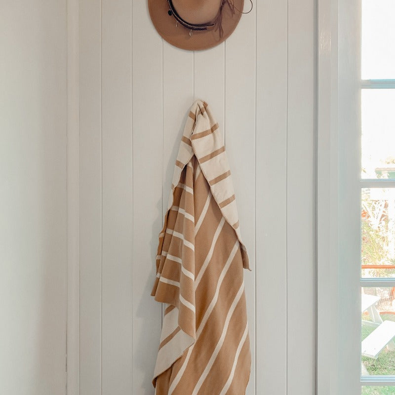 Breathable Organic Knitted Blanket - Snuggly Jacks Warmth in Toffee Stripe Available in Canada