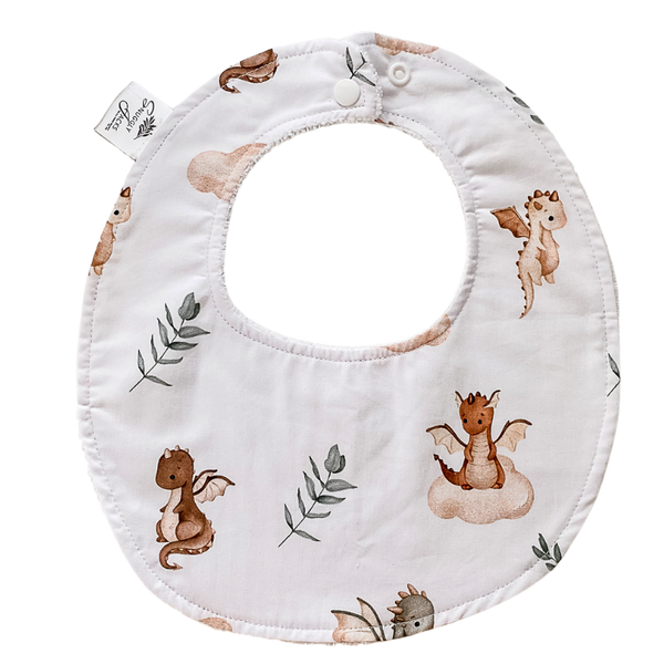 Mystique print baby bib, showing absorbent microfiber backing for spills and messes.