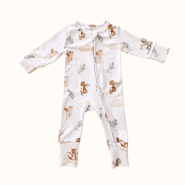 Mystique dragon print organic cotton onesie with a two-way zip and cozy design, ideal for baby sleepwear and nursery coordination.