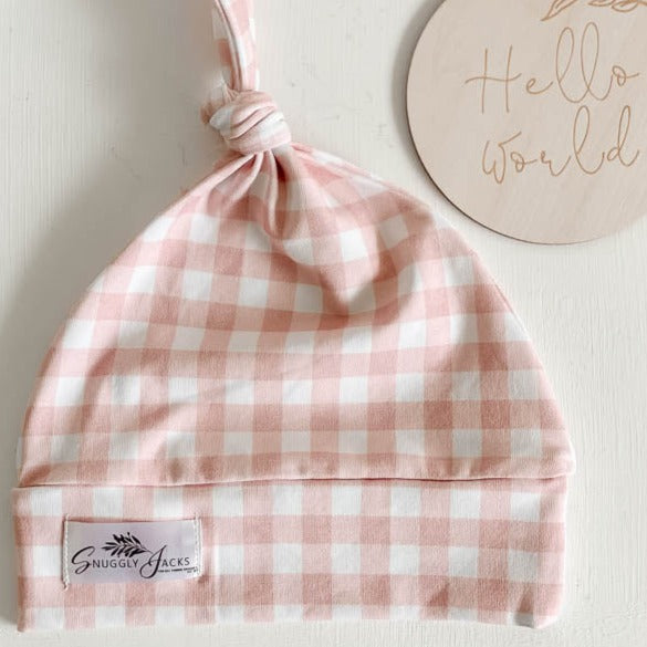 Peachy Pink Gingham Knotted Beanie