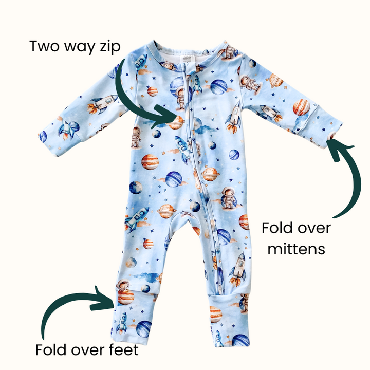 Space Rockets organic cotton baby onesie showcasing practical features like a two-way zip, fold-over mittens, and fold-over feet.