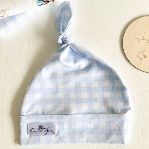 Cornflower Gingham Knotted Beanie