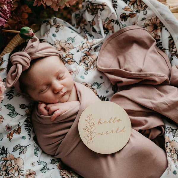 Dusty Mauve Jersey Swaddle Stretch Wrap & Top Knot Set