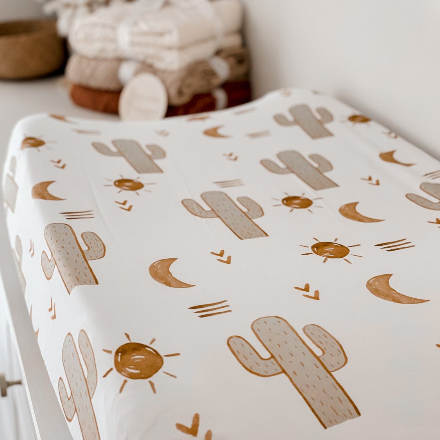 Organic Cotton Bassinet Sheet Set: Brown Moons, Suns, and Green Cactuses Print, Includes Matching Change Pad Cover