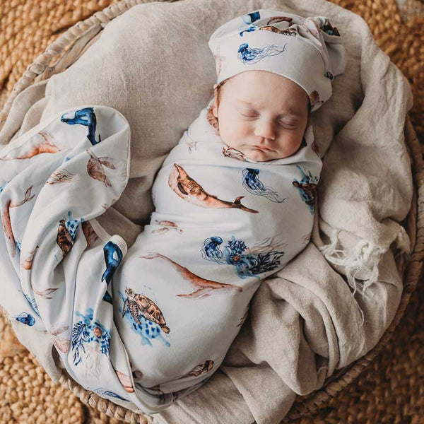 Ocean Jersey Swaddle Stretch Wrap & Beanie