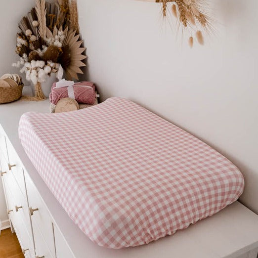 Peachy Pink Gingham Bassinet Sheet / Change Mat Cover