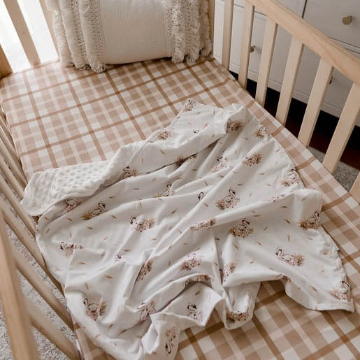 Pine crib set with a cotton fitted sheet and minky blanket
