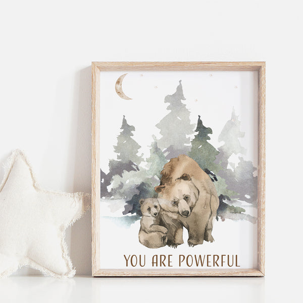 Wooden framed picture of a bear with its cub in a forest