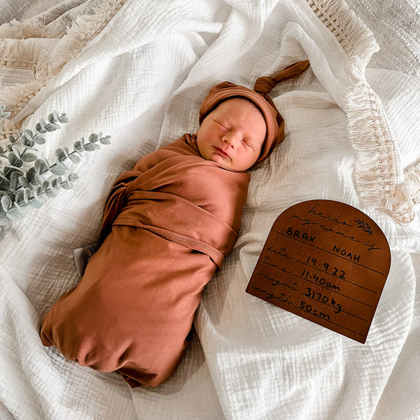 Cinnamon Jersey Swaddle Stretch Wrap & Beanie Set